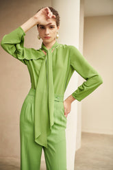 Verdant Vogue Tie-Neck Blouse